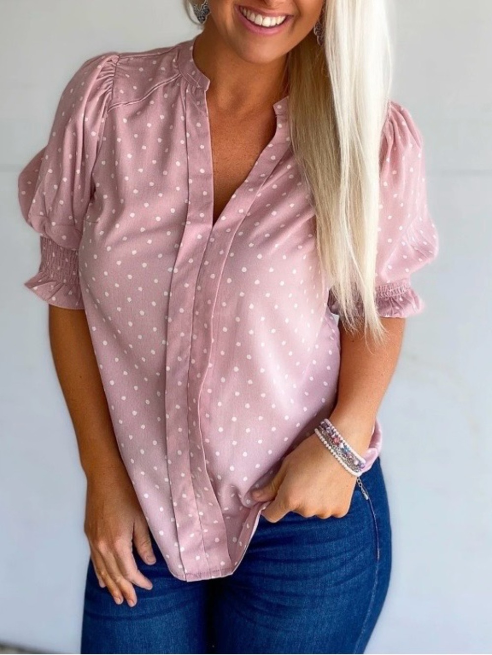 cupcakes & cashmere size XL Blush Pink Polka Dot Puff Sleeve Blouse